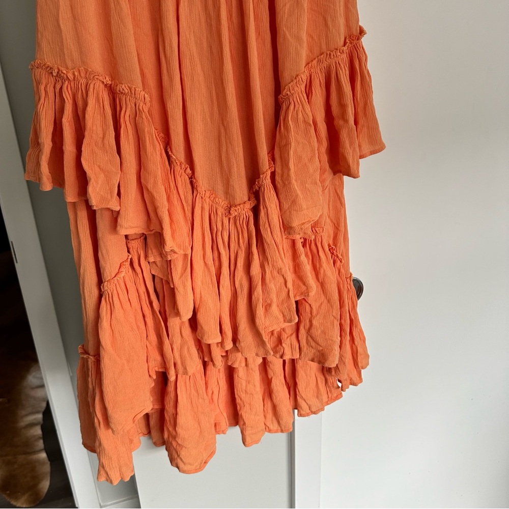Free People Cascading High Waist Ruffle Midi Boho Skirt Orange - Picture 2 of 5